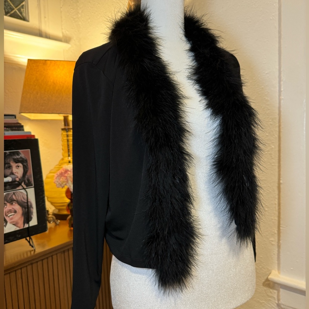 Calvin Klein Feathered Trimmed Cardigan Size Medium Sexy Black Going Out Top